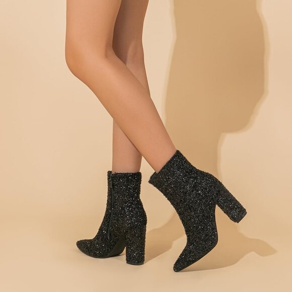 Amoji Ankle Boot Women Size (7.5-9) Black Sequin Pointed Toe With Zipper - Picture 7 of 8
